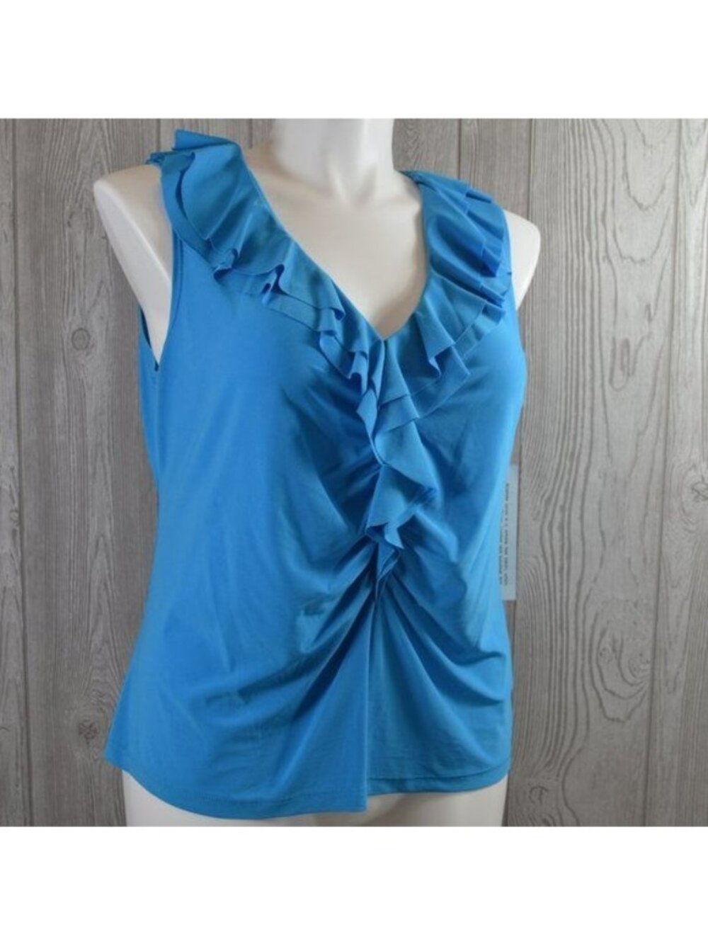 NWT Amanda Womens Blue Slinky Knit Ruffle V-Neck Sleeveless Top PLUS SIZE 1X
